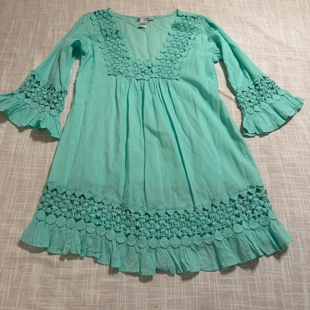 Cute Options Aqua Turquoise Cotton Crochet‎ Lace Tunic Mini Dress Womens Small